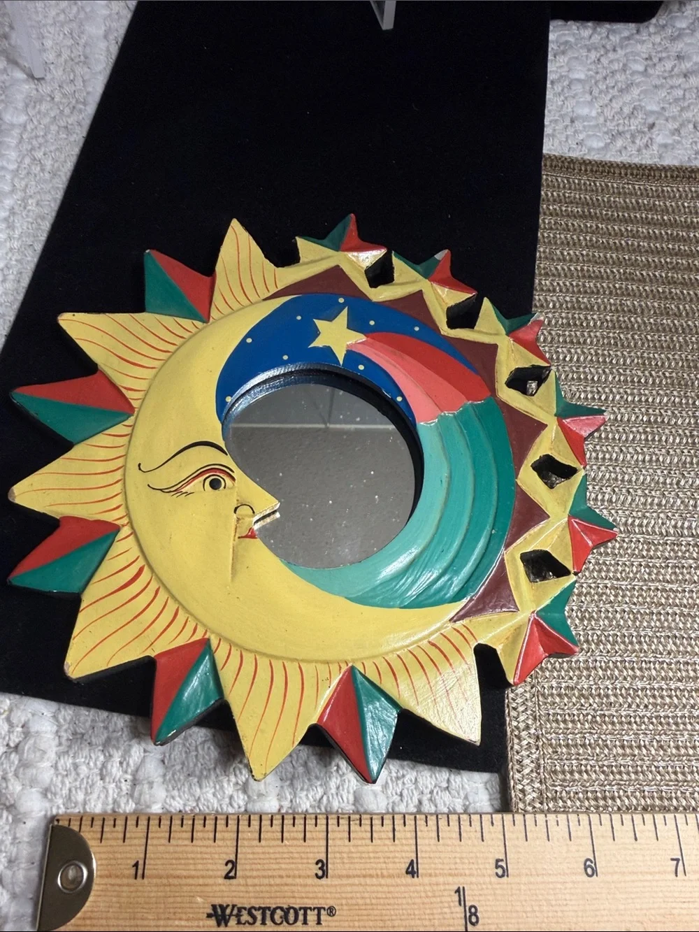 Celestial Sun Moon Wall Mirror Folk Art Hand Painted Made in Indonesia Boho Deco